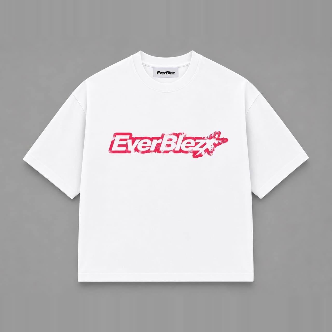 Everblez white T-shirt front with the EVERBLEZ chest graphic and inner neck label