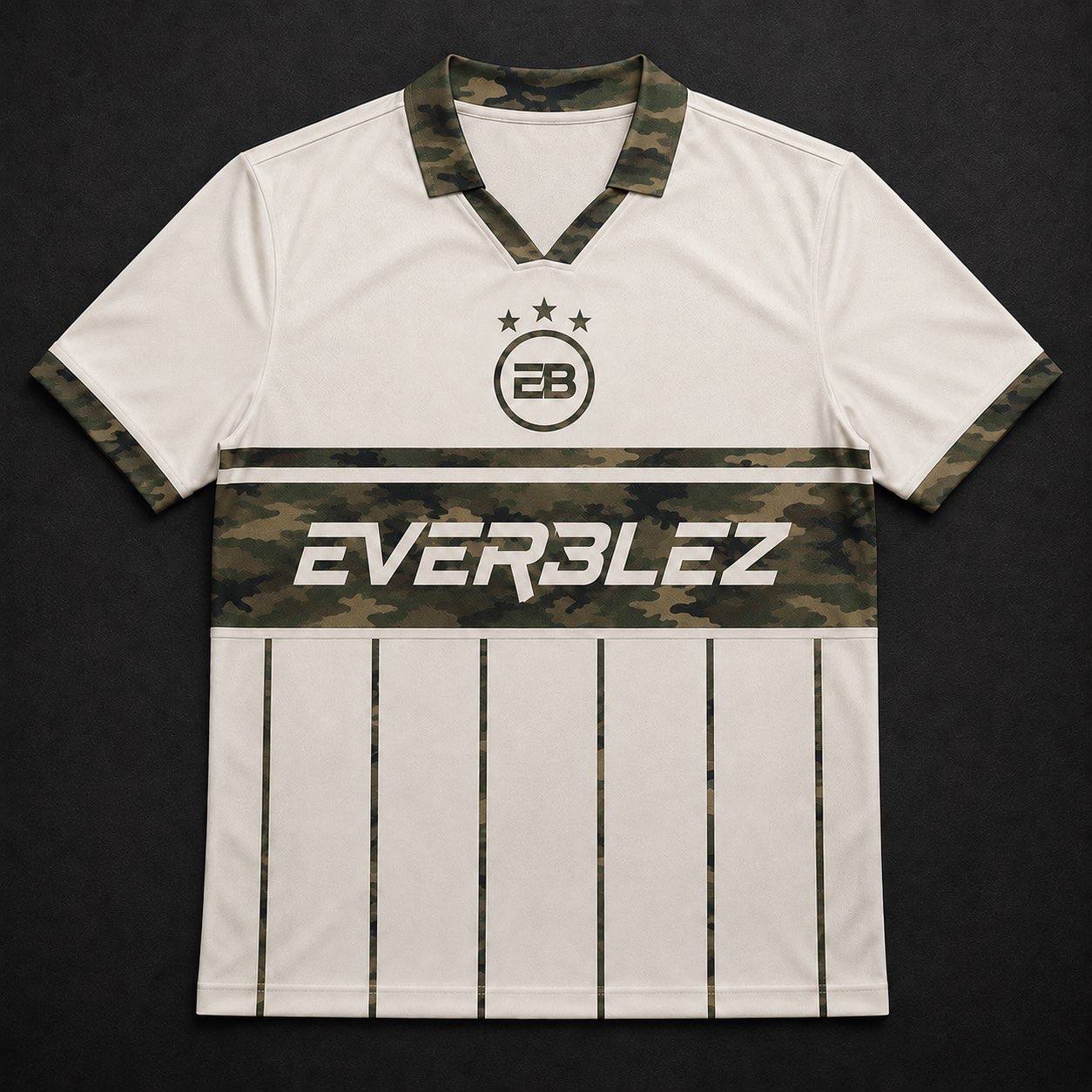 Everblez cream and camouflage jersey with the EB crest, camo EVERBLEZ chest band and vertical pinstripes