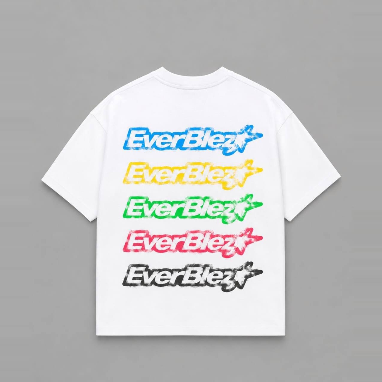 Everblez white T-shirt back with five stacked EVERBLEZ graphics in blue, yellow, green, red and black